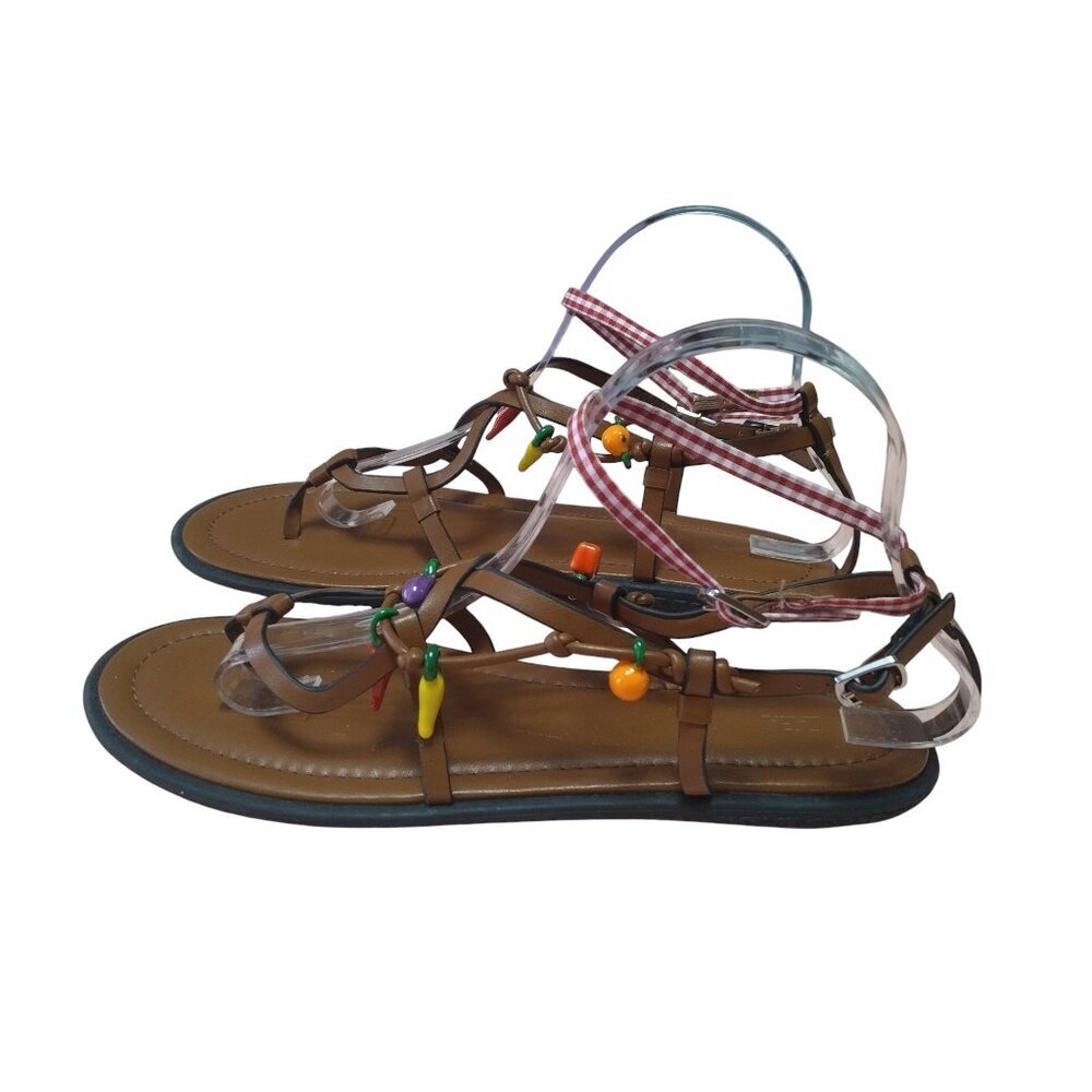 Zara Women’s Size 39 Brown Flat Thong Sandals Strappy Charms Boho Travel Hippie - Picture 1 of 8